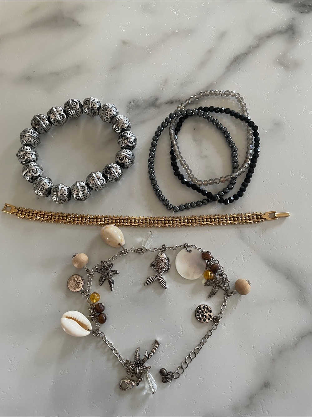 Multi-Stack Women’s Bracelet Set in Silver, Gold, Black and Gray